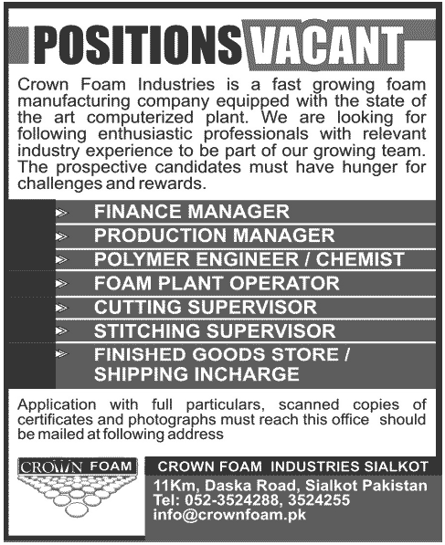 Crown Foam Industries Sialkot Jobs 2013 September for Finance / Production Manager, Chemist & Other Staff