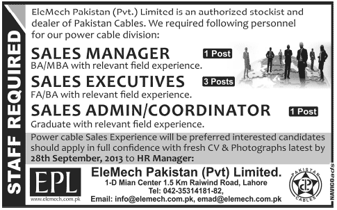 Sales Manager / Executives & Sales Admin / Coordinator Jobs in Lahore 2013 September at EleMech Pakistan (Pvt.) Limited