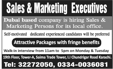 Sales & Marketing Executive Jobs in Karachi 2013 September for a Dubai Based Company