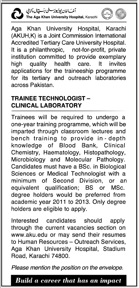 Aga Khan University Hospital Karachi Training Program for Trainee Technologist - Clinical Laboratory September 2013