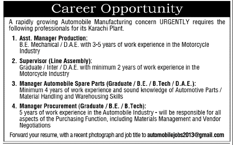 Mechanical / Automobile Engineers & Supervisor Jobs in Karachi 2013 September at Automobile Manufacturing Concern
