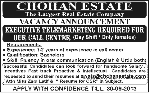 Female Call Center Agent Jobs in Pakistan 2013 September at Chohan Estate