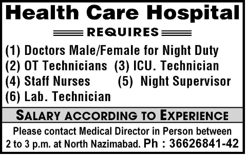 Health Care Hospital North Nazimabad Karachi Jobs 2013 September for Doctors, Nurses & Paramedical Staff