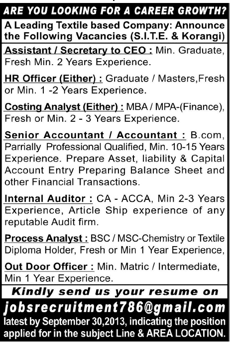 Secretary, HR Officer, Costing Analyst, Accountant, Auditor, Process Analyst & Outdoor Officer Jobs in Karachi 2013 Textile