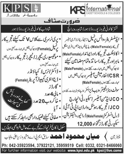 KPS International Cadet Schools & Colleges Lahore Jobs 2013 September for Administrative & Teaching Staff