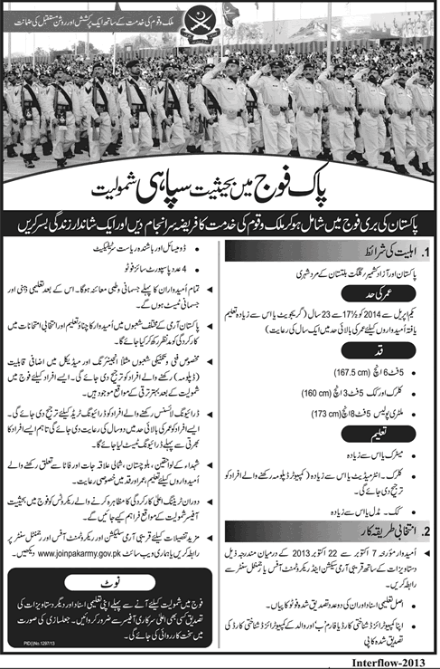 Pakistan Army Recruitment for Sipahi 2013 General, Military Police, Clerk & Cook Jobs