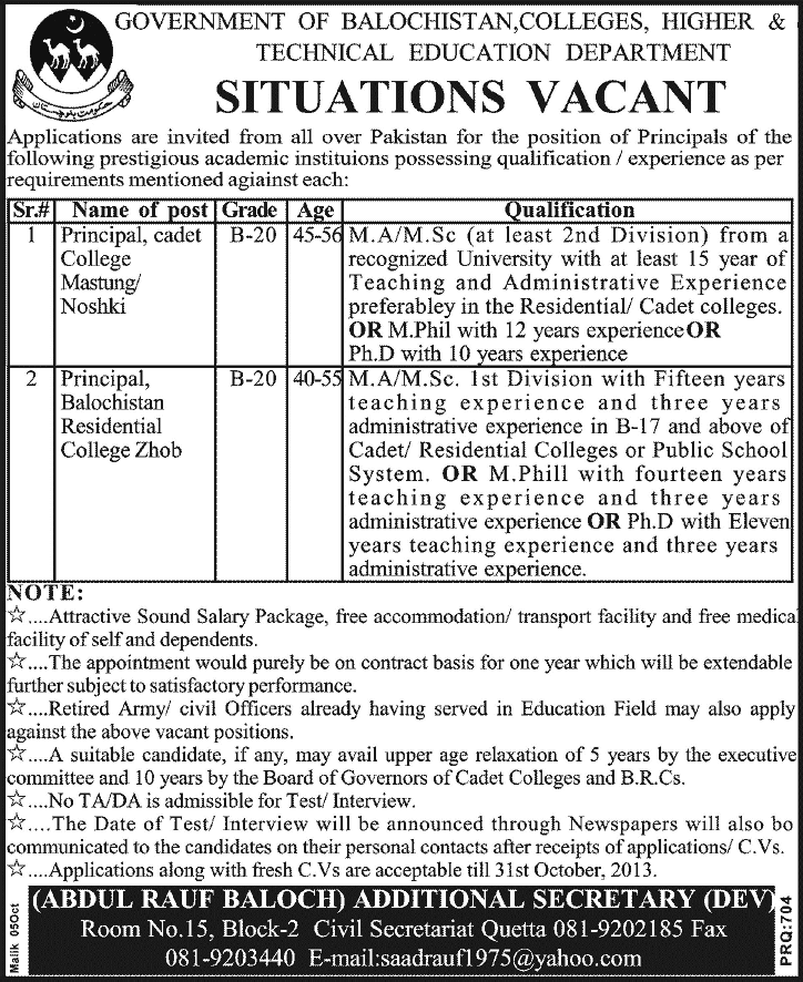 Principal Jobs in Balochistan 2013 October Latest in Government Sector