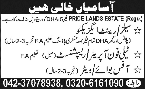 Sales Executive, Receptionist & Office Boy Jobs in Lahore 2013 October Latest at Pride Lands Estate