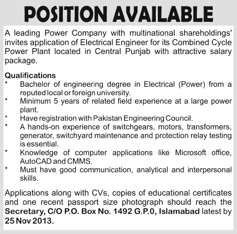 Power Plant Jobs in Pakistan 2013 November Latest for Electrical Engineer in Central Punjab