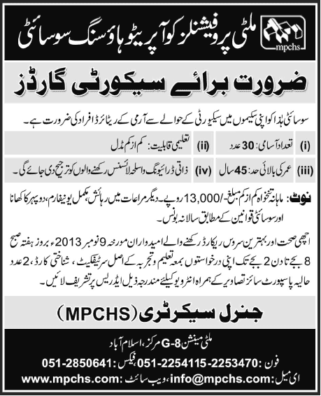 Multi Professional Cooperative Housing Society Islamabad Jobs 2013 November Security Guards