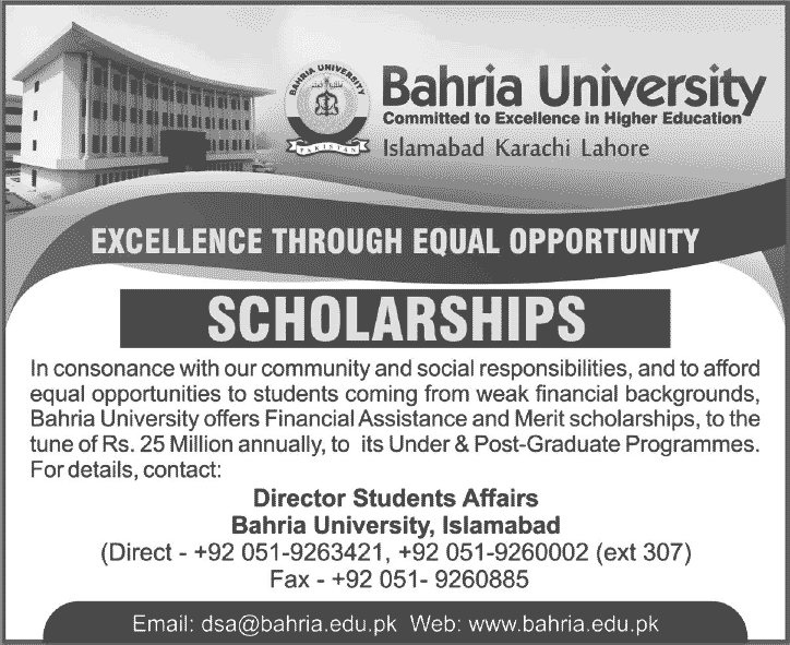 Bahria University Scholarships 2013-2014 for Undergraduate & Postgraduate Programs