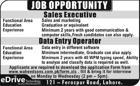 Sales Executive & Data Entry Operator Jobs in Lahore 2013 November eDrive Technology
