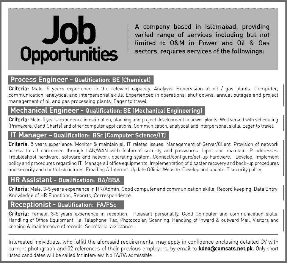 Process / Mechanical Engineers, IT Manager, HR Assistant & Receptionist Jobs in Islamabad 2013 November