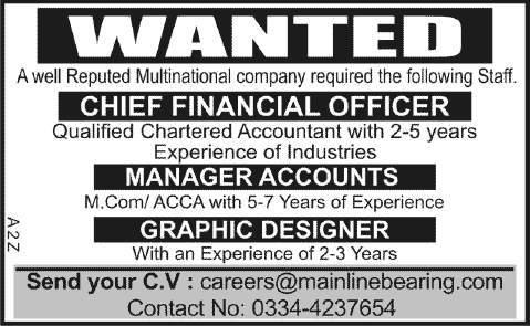 Jobs in Lahore 2013 November for Chief Financial Officer, Accounts Manager & Graphic Designer