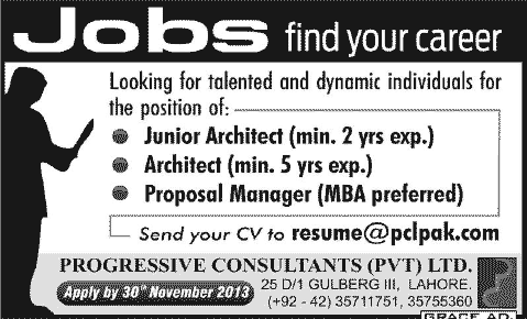 Proposal Manager & Architects Jobs in Lahore 2013 November at Progressive Consultants (Pvt.) Ltd