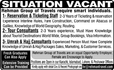 Rehman Travels (Pvt.) Ltd Jobs 2013 November for Reservation & Ticketing Staff, Tour and Hajj / Umrah Consultants