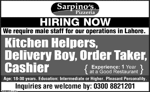 Sarpino's Pizzeria Lahore Jobs 2013 November for Kitchen Helpers, Delivery Boy, Order Taker & Cashier