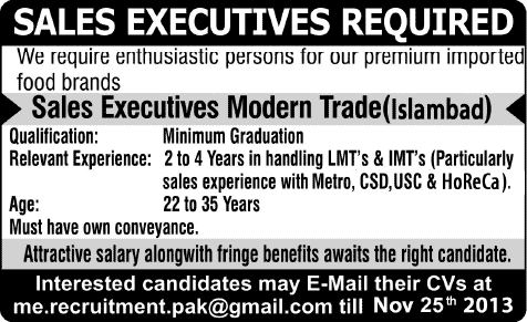 Sales Executives Jobs in Islamabad 2013 November Imported Food Brands
