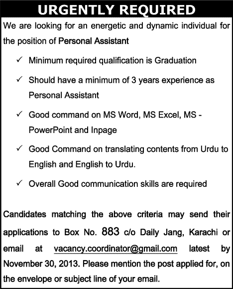 Personal Assistant Jobs in Karachi 2013 November