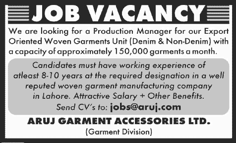 Production Manager Jobs in Lahore 2013 November at Aruj Garments Accessories Ltd