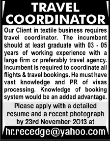 Travel Coordinator Jobs in Karachi 2013 November