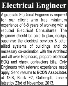 Electrical Engineering Jobs in Lahore 2013 November Econ Associates