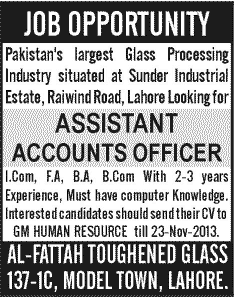 Assistant Accounts Officer Jobs in Lahore 2013 November Al-Fattah Toughened Glass