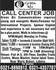 Call Center Jobs in Lahore 2013 November at Green Biz Communications