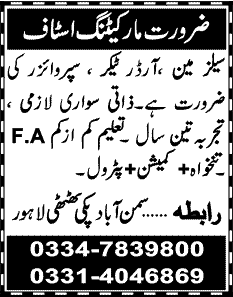 Salesman, Order Taker & Supervisor Jobs in Lahore 2013 November