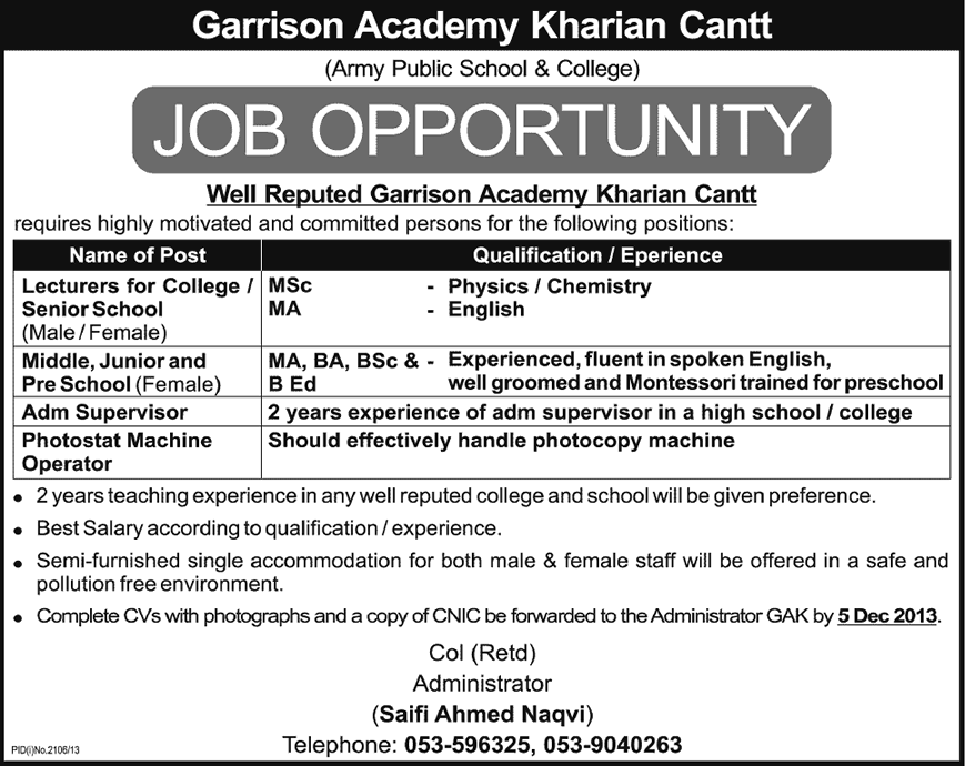 Non-Teaching & Teaching Jobs in Gujrat 2013 November Garrison Academy Kharian Cantt (Army Public School & College)