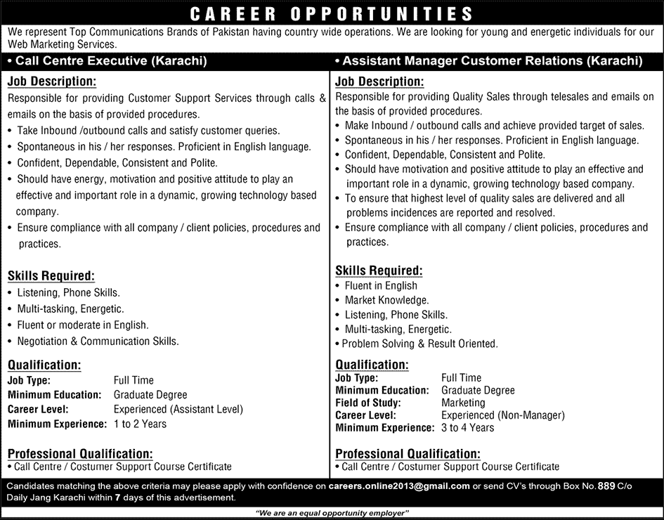 Assistant Manager Customer Relations & Call Centre Executive Jobs in Karachi 2013 November