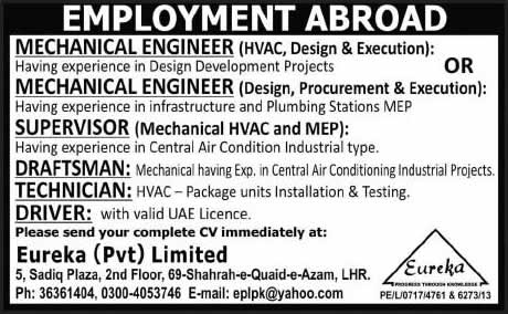 Eureka (Pvt.) Limited Lahore Jobs November 2013 Mechanical Engineers, HVAC Technician & Driver