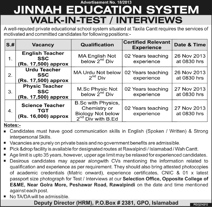 Jinnah Education System Taxila Cantt Jobs 2013 November English / Urdu / Physics / Science Teachers