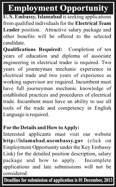 US Embassy Islamabad Jobs 2013 November for Electrical Team Leader