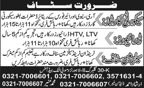 Security Guards, Drivers & Salesman Staff Jobs in Lahore 2013 November