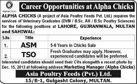 Sales Manager & Sales Officer Jobs in Multan / Gujranwala / Lahore 2013 November Alpha Chicks - Asia Poultry Feeds