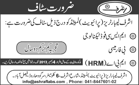 Food Technologist, Pharmacist & HR Jobs in Faisalabad 2013 November Ashraf Laboratories (Private) Limited