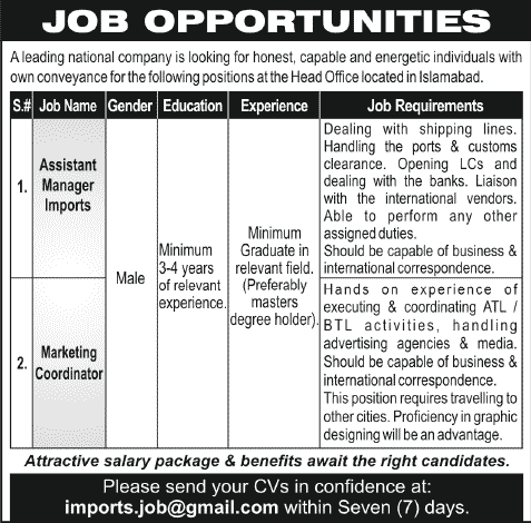 Assistant Manager Imports & Marketing Manager Jobs in Islamabad 2013 November