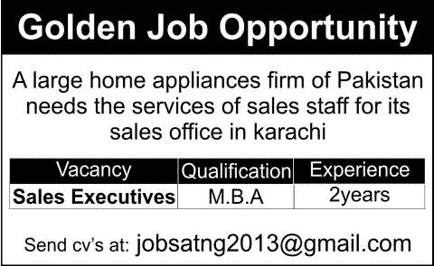 Sales Executives Jobs in Karachi 2013 November Home Appliance Firm