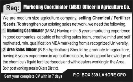 Marketing Coordinator & Area Sales Officer Jobs in Okara 2013 November Agriculture Company PO Box 339 Lahore GPO
