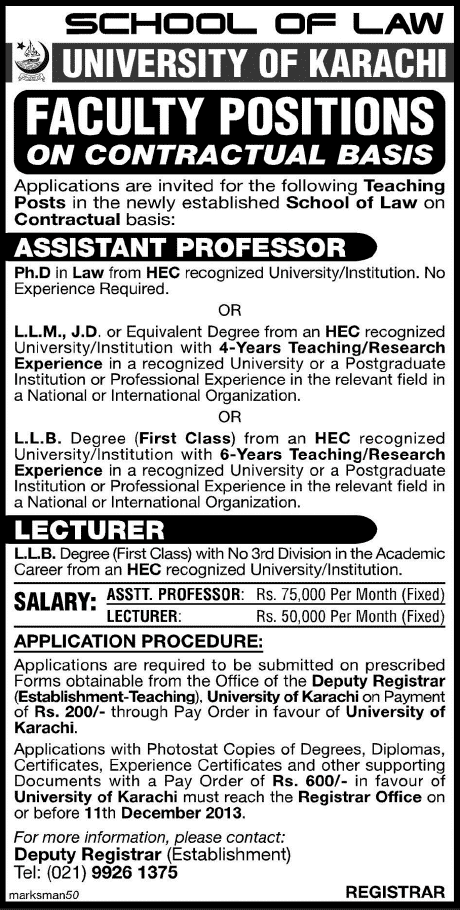 School of Law University of Karachi Jobs 2013 November for Assistant Professor & Lecturer