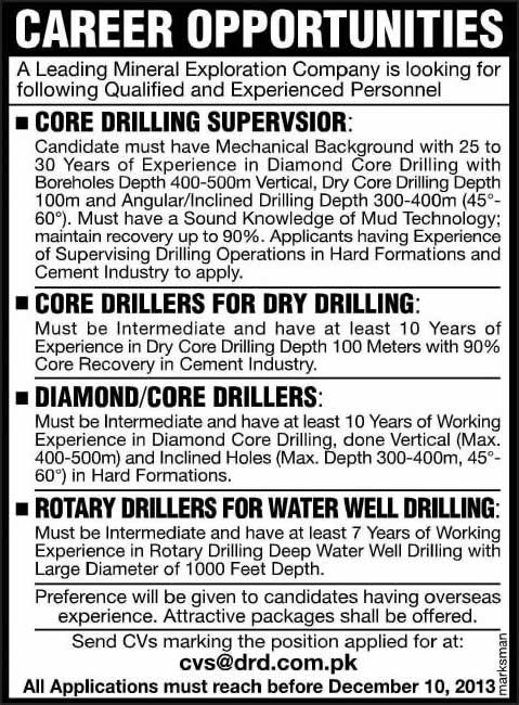 Rotary / Core Drillers Jobs in Pakistan 2013 December at Deep Rock Drilling (DRD) Pvt. Ltd