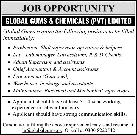 Global Gums & Chemicals (Pvt.) Limited Karachi Jobs 2013 December Latest Advertisement