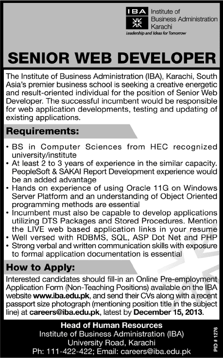 Senior Web Developer Jobs in Karachi 2013 December Institute of Business Administration Karachi