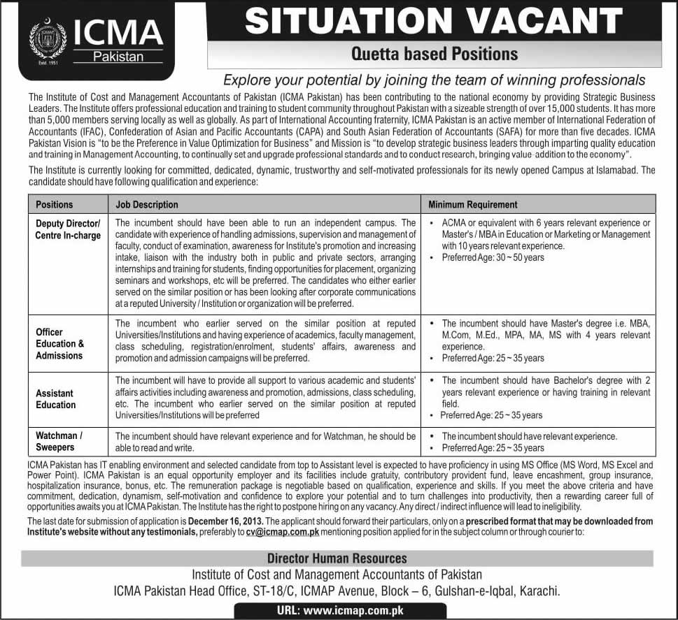 ICMA Pakistan Quetta Jobs 2013 December for Deputy Director, Officer Education & Admission, Assistant Education & Others