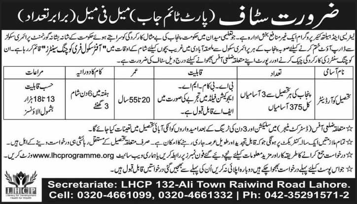 Literacy & Health Care Programme Jobs 2013 December Tehsil Coordinators for After School Free Coaching Centers