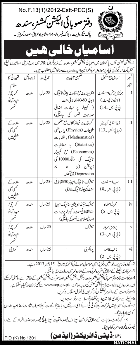 Provincial Election Commission Sindh Jobs 2013 December Junior Personal Assistant, Data Entry Operator & Other Staff
