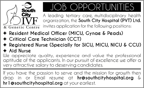 South City Hospital Karachi Jobs 2013 December Medical Officers, Critical Care Technician & Nurses