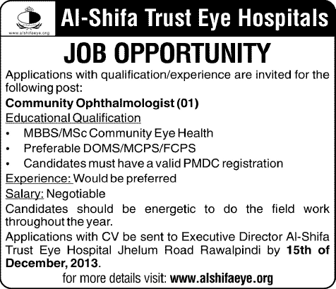 Al-Shifa Trust Eye Hospital Rawalpindi Jobs 2013 December for Community Ophthalmologist