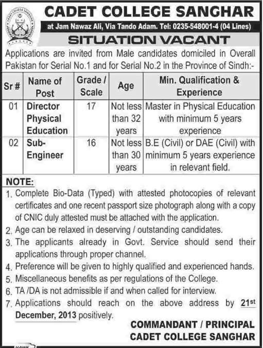 Director Physical Education & Civil Engineer Jobs in Cadet College Sanghar Sindh 2013 December